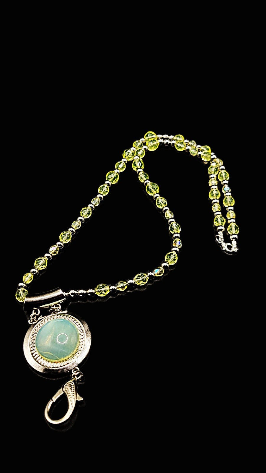 UV Glow Uranium Czech Glass Faceted Beads 26" Necklace/ 3" Opal Uranium Pendant and Lanyard