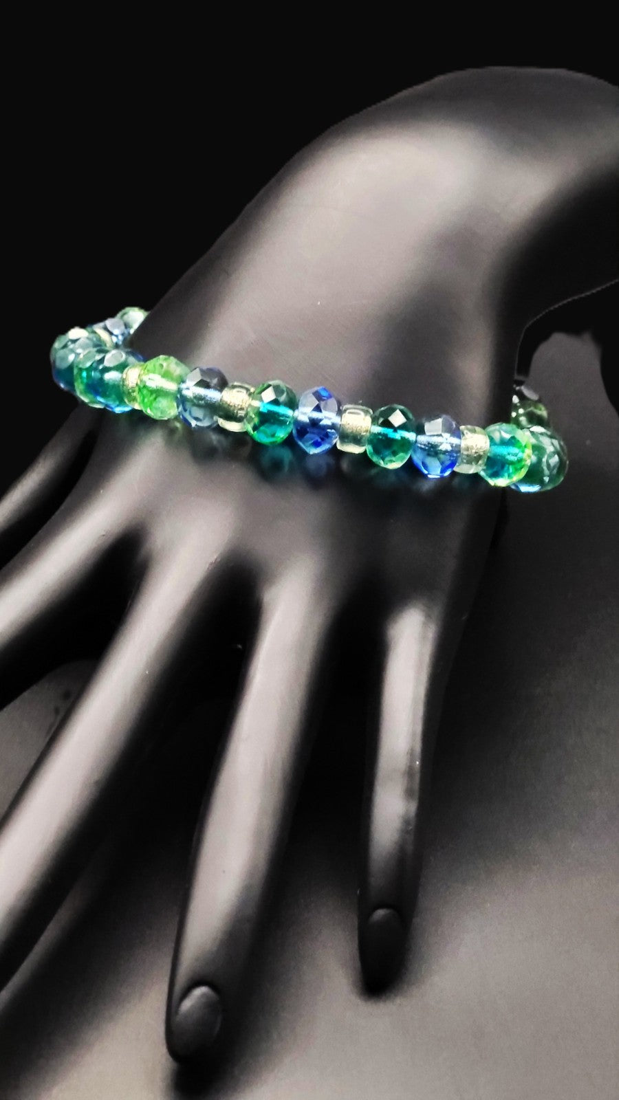 UV Glow Uranium Czech Blue and Green Glass Bead Bracelet Strung on a Snake Chain 8"