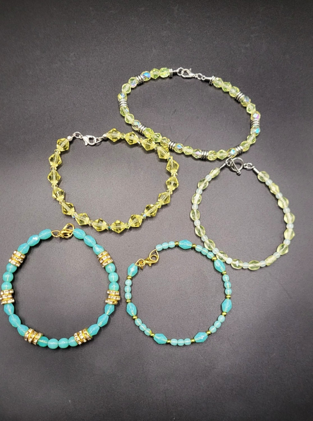 UV Glow Uranium Czech Glass Bead Bracelet Bundle, Coil Bangle, Stretch and Chained From 6.5 - 9"