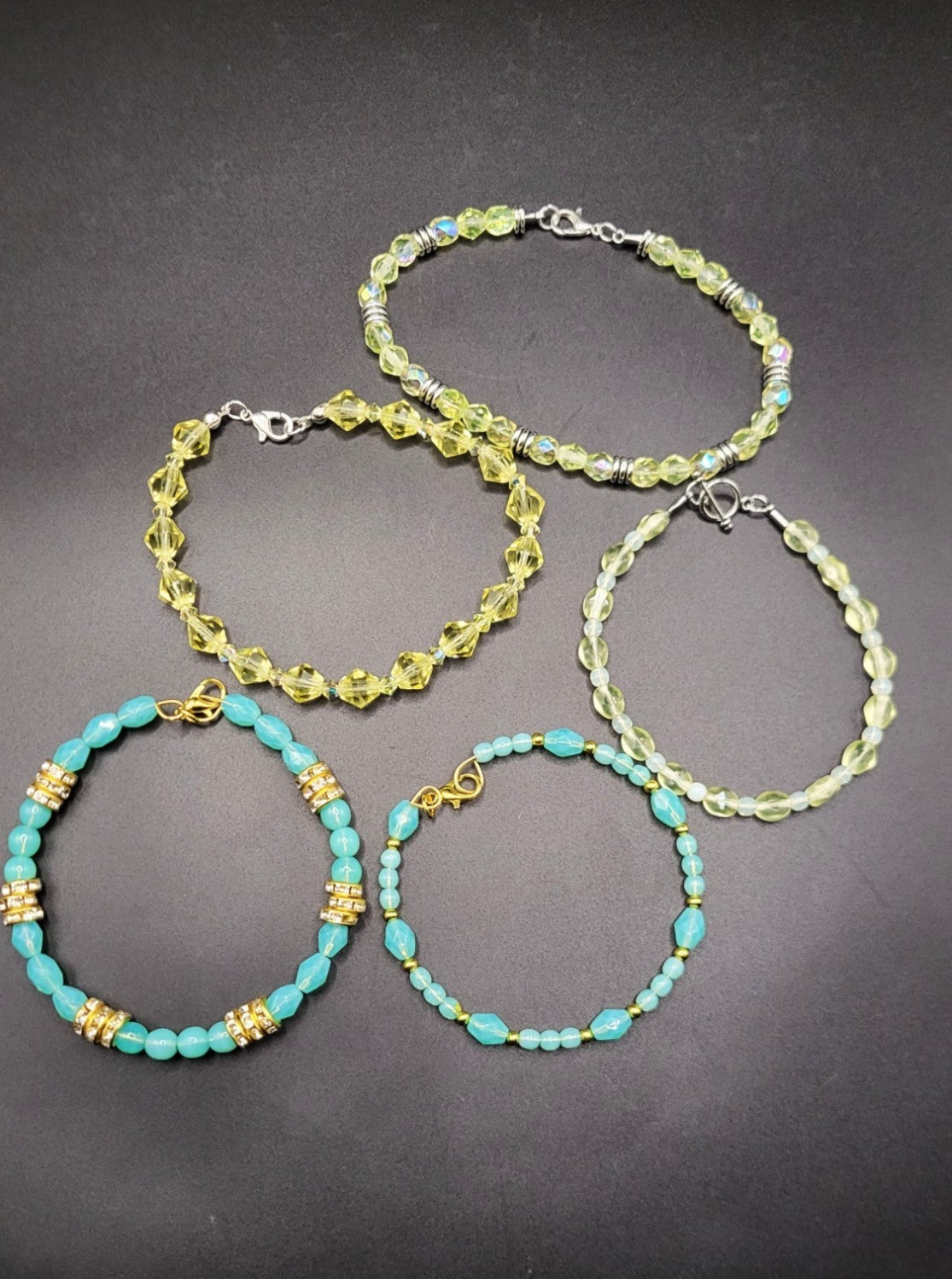UV Glow Uranium Czech Glass Bead Bracelet Bundle, Coil Bangle, Stretch and Chained From 6.5 - 9"