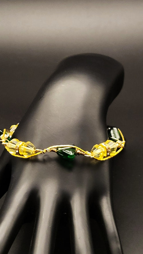 Uranium Czech UV Glow Yellow Glass and Antigue Emerald Green Glass 7.5" Bracelet