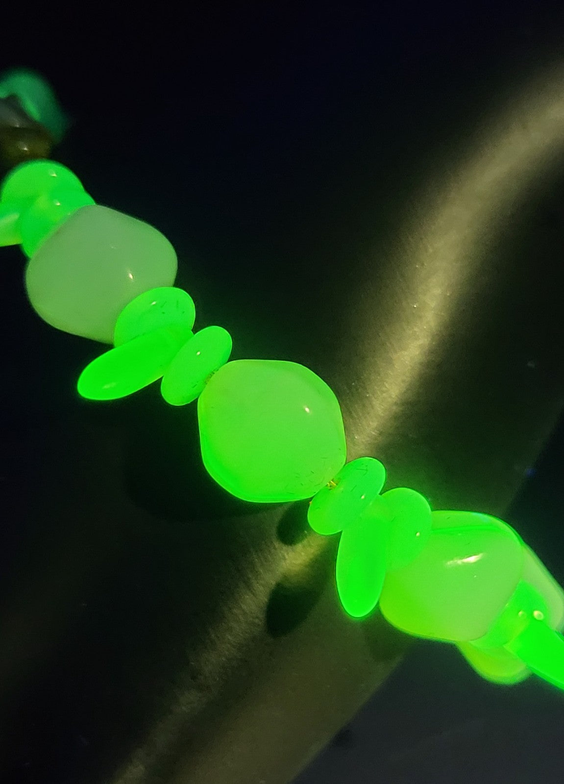 Uranium Glass Czech Fivre Beads with Yellow Daggers & Bohemian Glass Beads Cable Chain 7" Bracelet