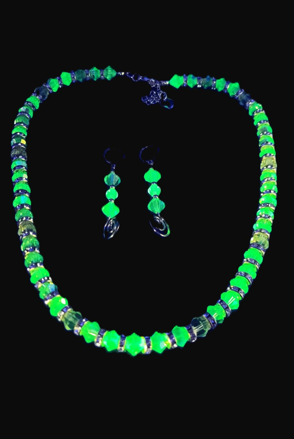 Uranium Czech Crystal Glass UV Glow Bead Necklace & Earring set, Rondelle Spacers 18"