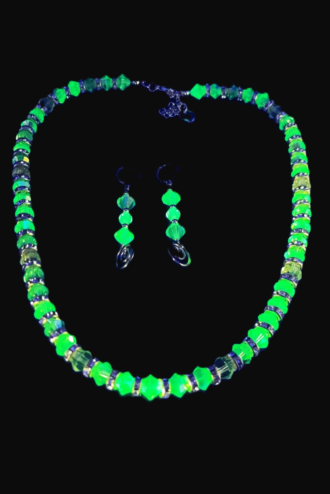 Uranium Czech Crystal Glass UV Glow Bead Necklace & Earring set, Rondelle Spacers 18"