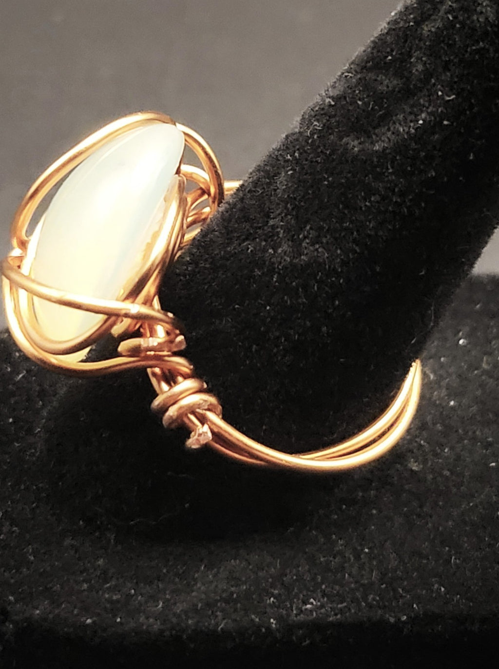 Uranium Great Glow White Czech Glass Cabochon Hand Wired Copper Ring size 8