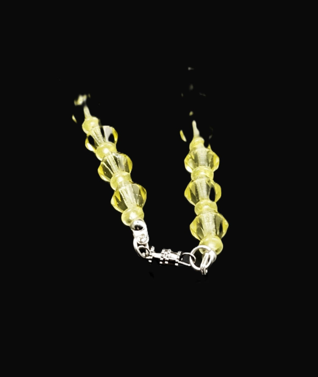 UV Glow Uranium Czech Yellow Crystals Bicone Glass Beads 22" Necklace with Accents