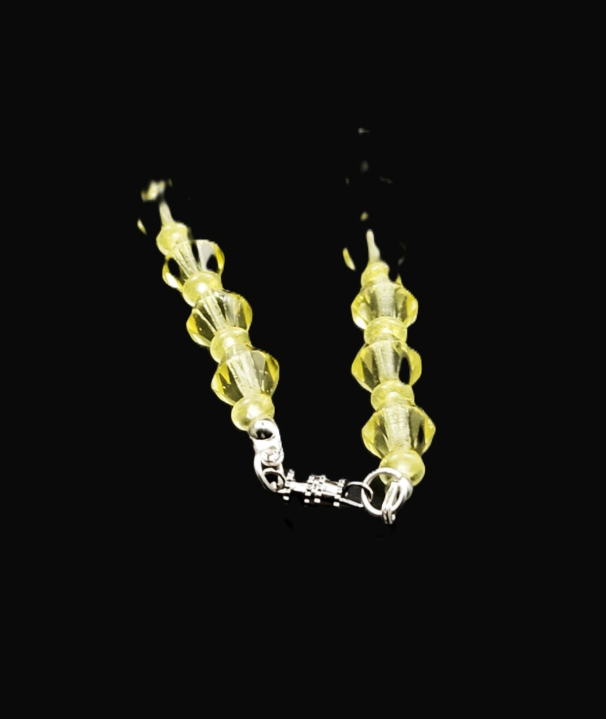 UV Glow Uranium Czech Yellow Crystals Bicone Glass Beads 22" Necklace with Accents