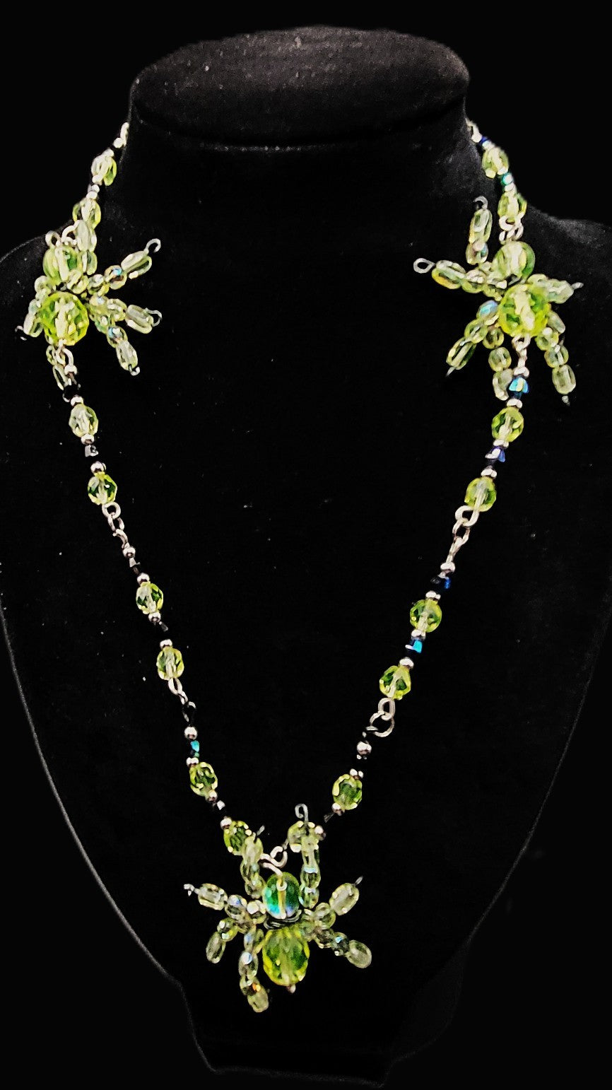 UV Glow Uranium Glass Bead Spider Necklace Silver Tone,  Hand Wired 16" Necklace
