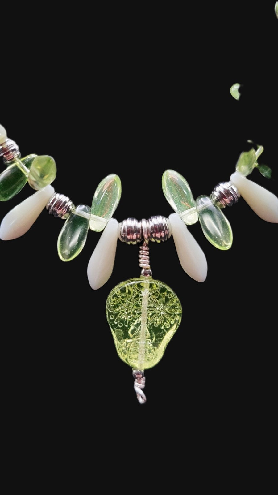 UV Uranium Glow Czech Sugar Skull Pendant, 17" Czech Dagger Uranium beads Necklace
