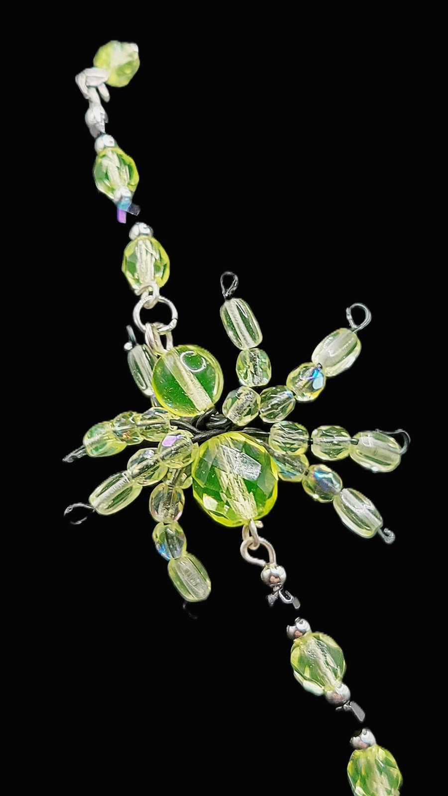 UV Glow Uranium Glass Bead Spider Necklace Silver Tone,  Hand Wired 16" Necklace