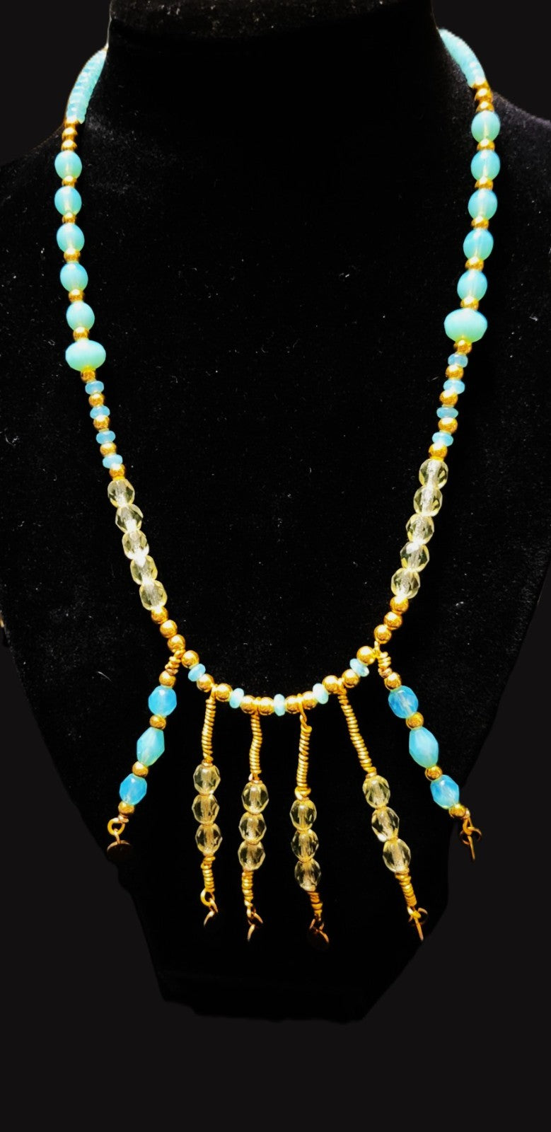 Uranium Turquoise and Green Colored Glass Beads, Hand Wired Dangles 16" Necklace