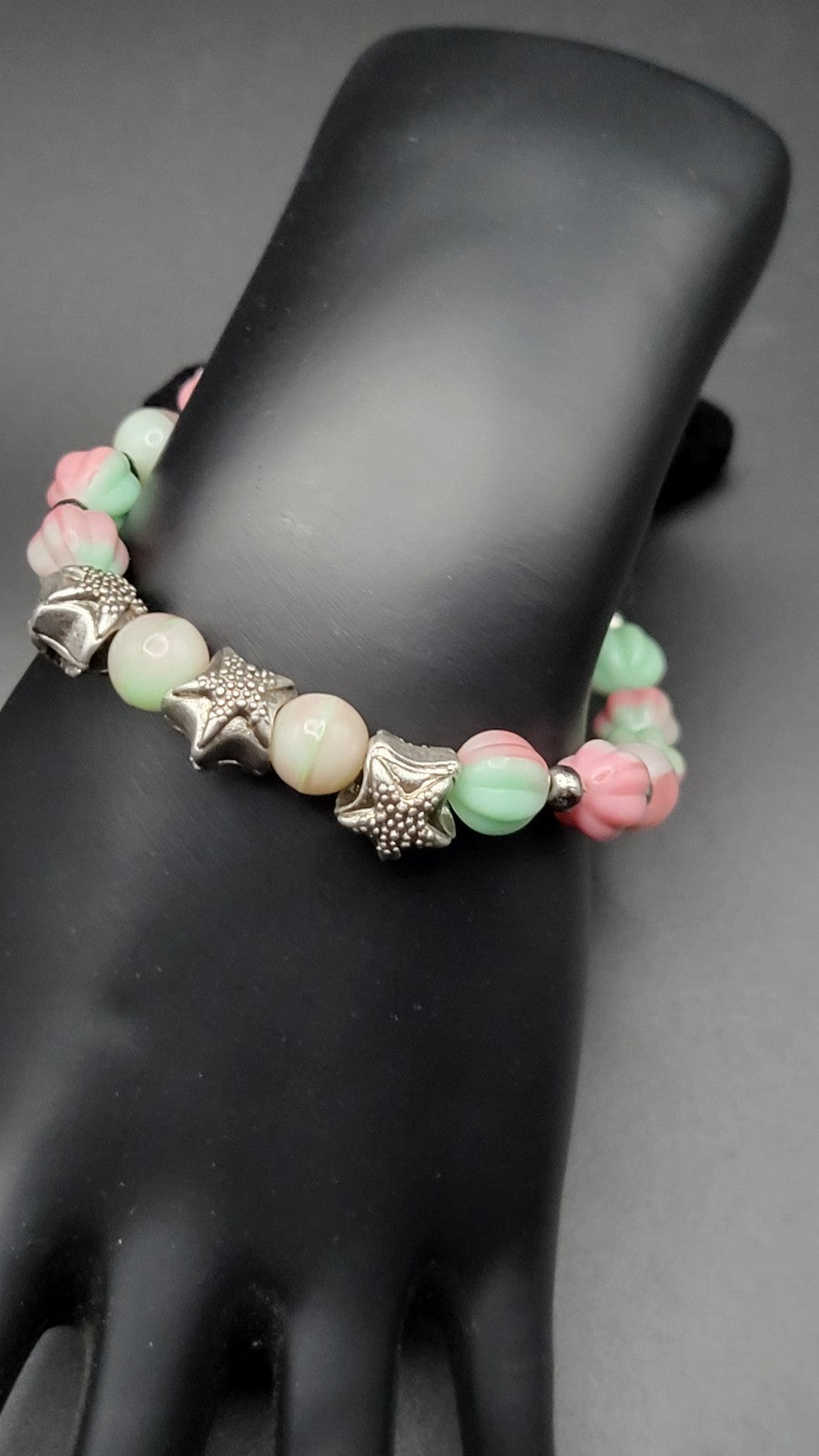 UV Glow Uranium Pink and Green Melon Glass Beads with Starfish Spacers 8" Bracelet