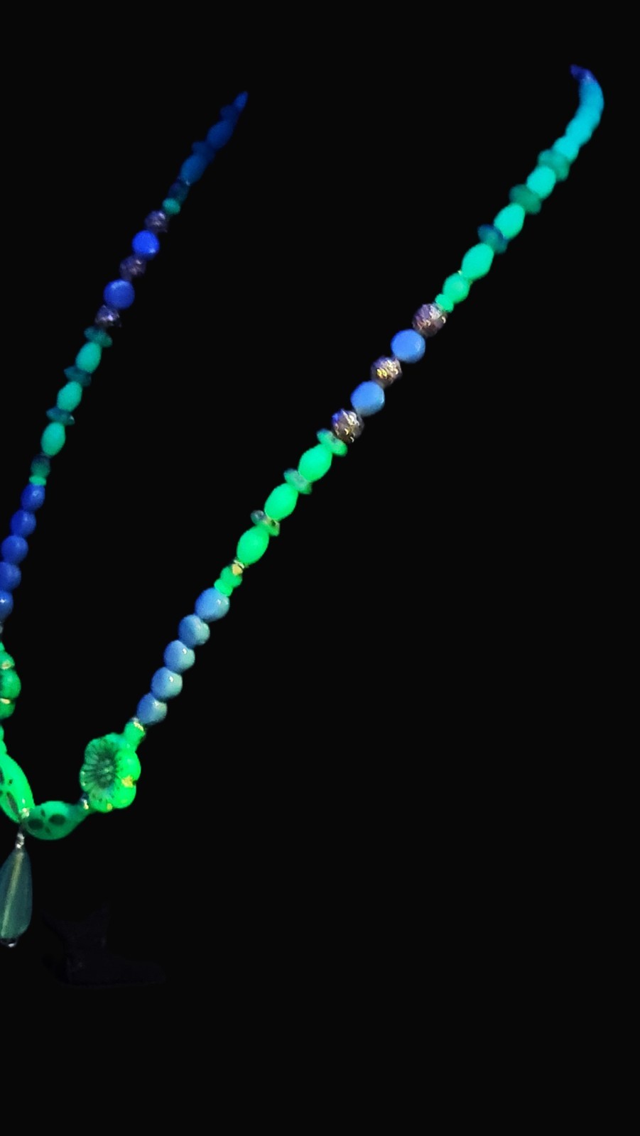Uranium Czech UV Glass Beads and Genuine Turquoise 21" Necklace/ 1" Pendant