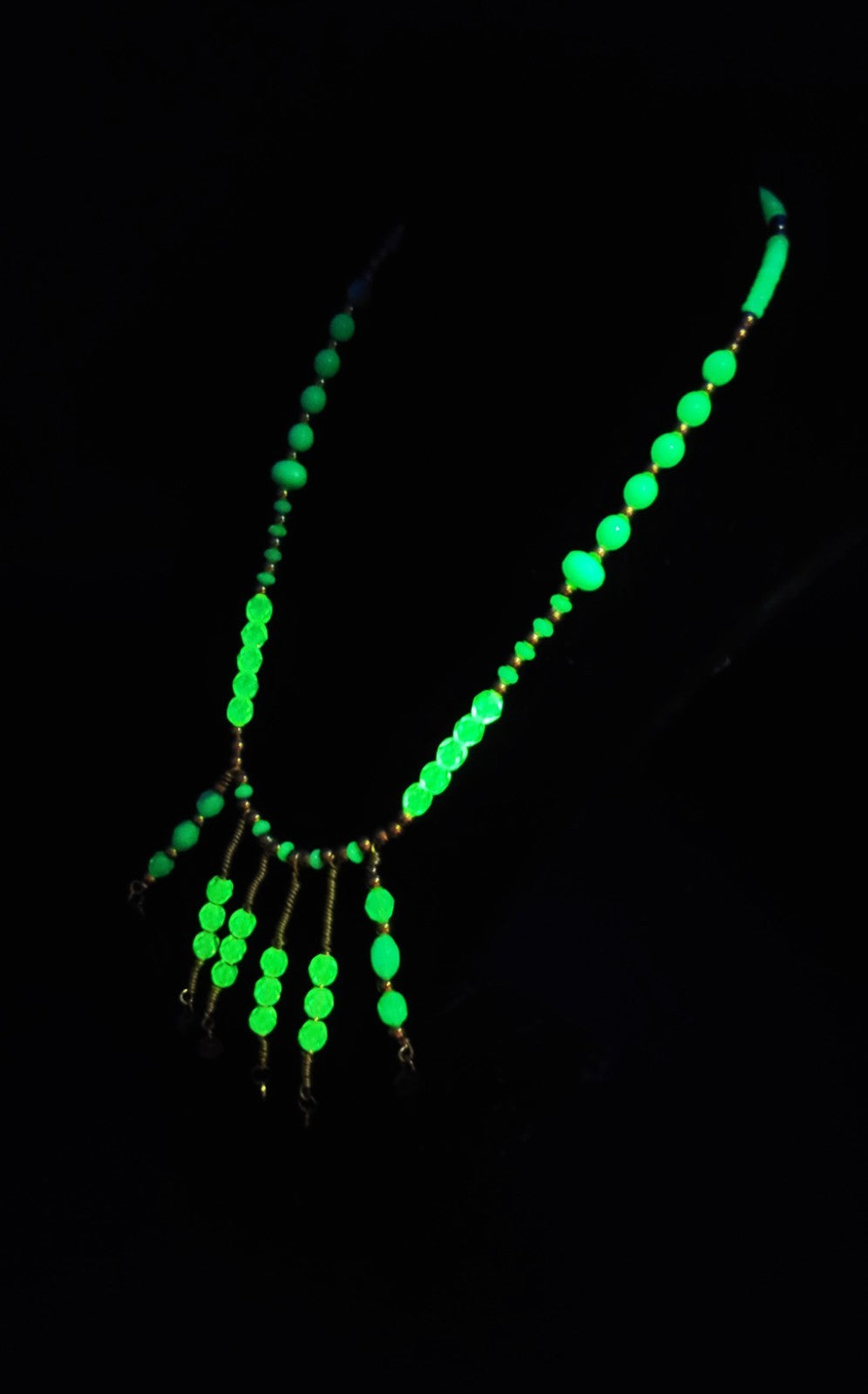 Uranium Turquoise and Green Colored Glass Beads, Hand Wired Dangles 16" Necklace