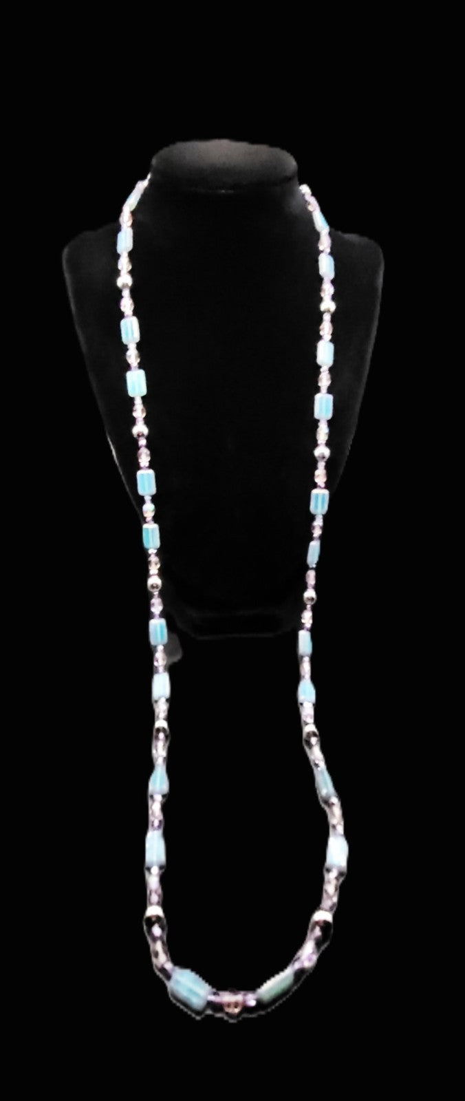 UV Glow Uranium Czech Blue Glass Beads with Amethyst and Pink Glass Spacer 35" Necklace