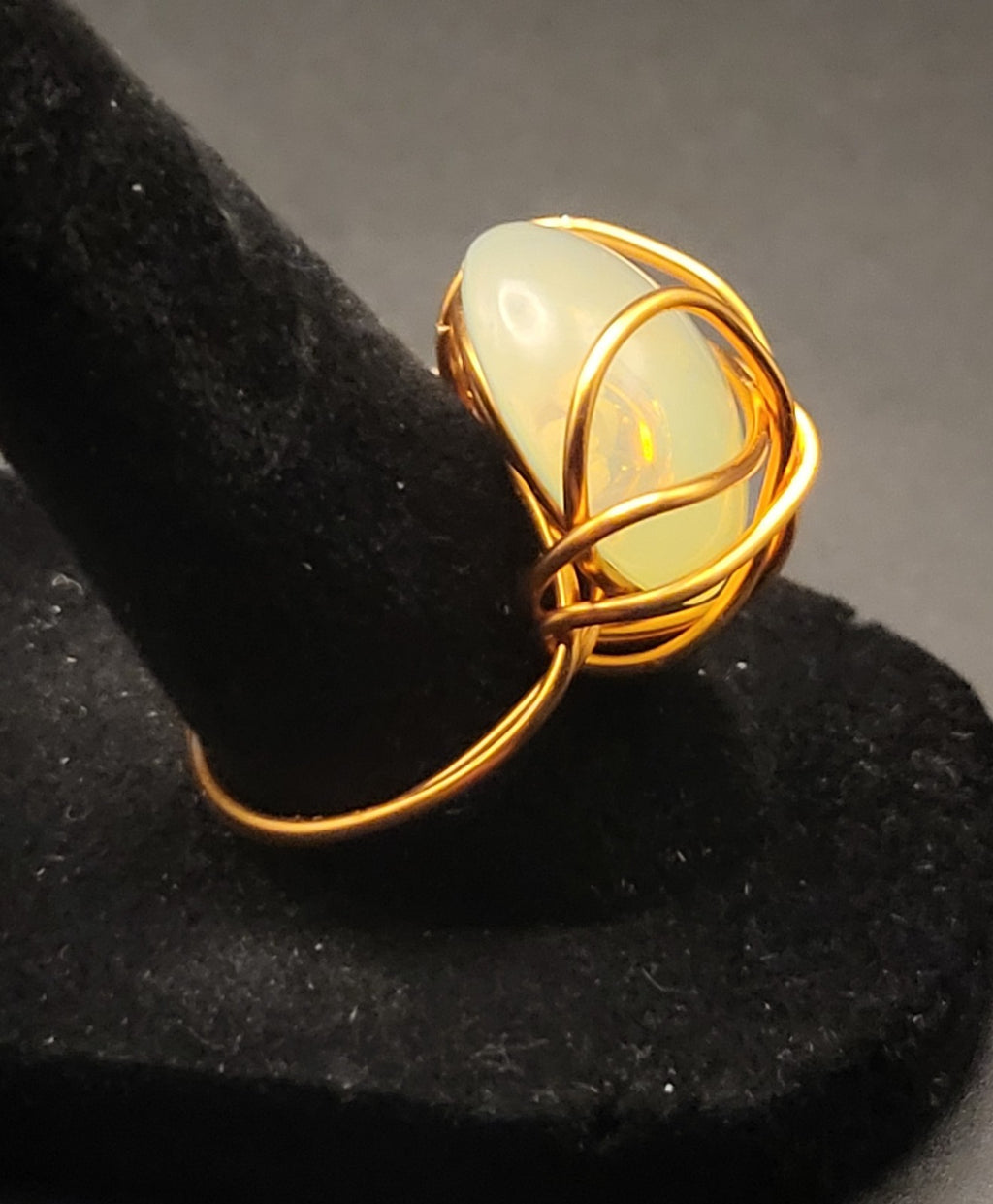 Uranium Great Glow White Czech Glass Cabochon Hand Wired Copper Ring size 8