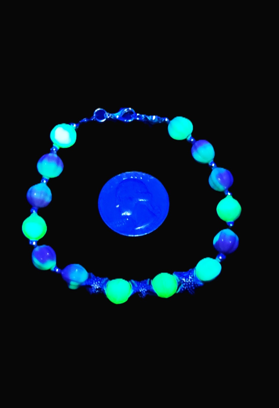 UV Glow Uranium Pink and Green Melon Glass Beads with Starfish Spacers 8" Bracelet