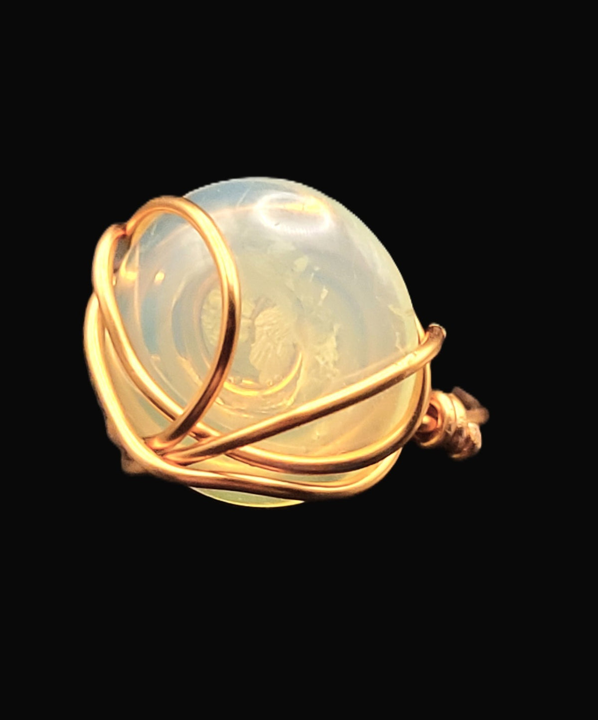 Uranium Great Glow White Czech Glass Cabochon Hand Wired Copper Ring size 8
