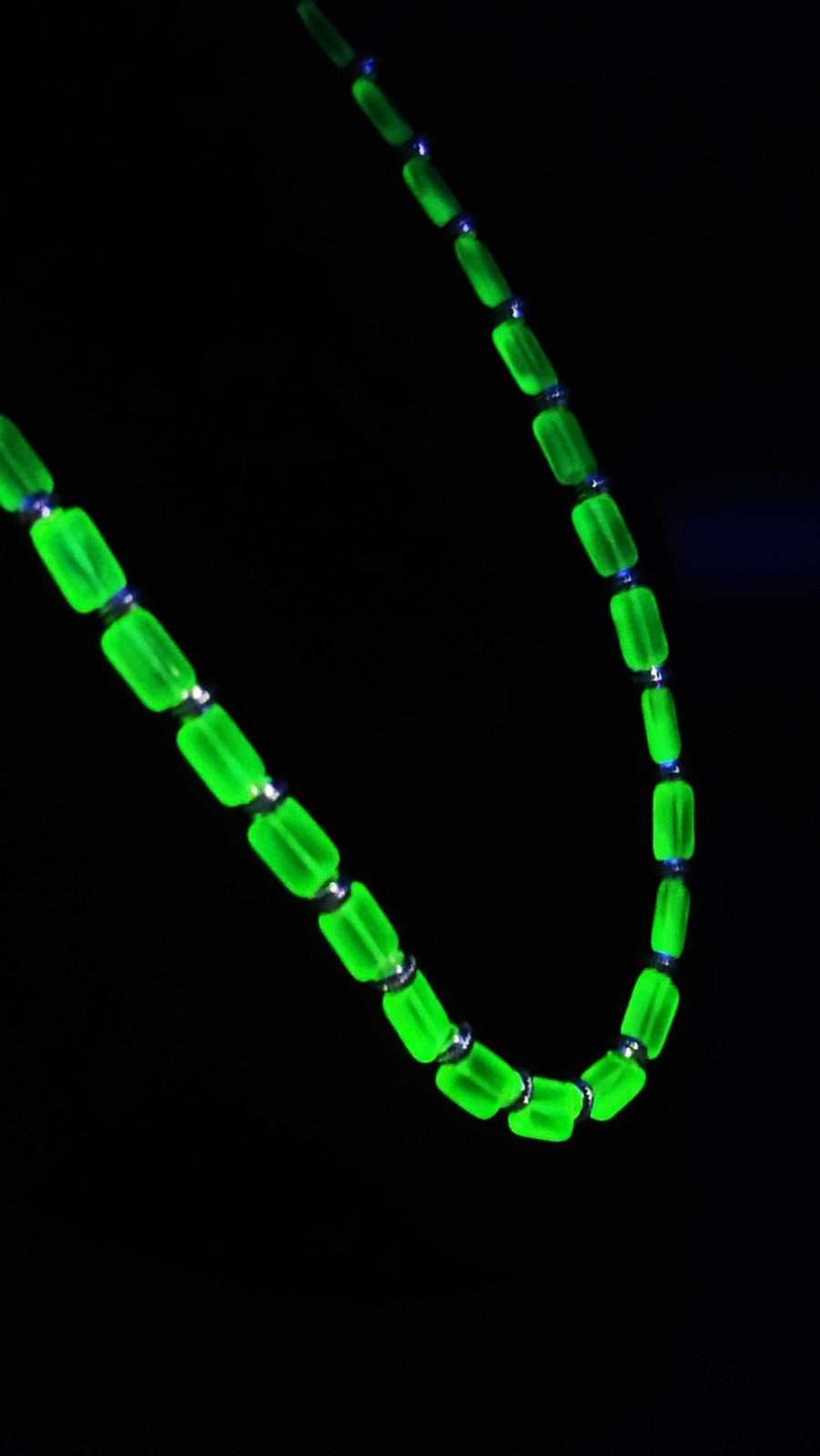 UV Glow Uranium Czech Tile and AB Cubes glass bead  20" Necklace with Silver Tone Spacers