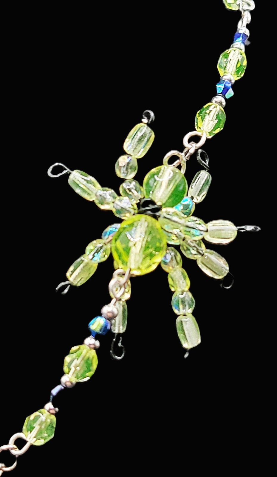 UV Glow Uranium Glass Bead Spider Necklace Silver Tone,  Hand Wired 16" Necklace
