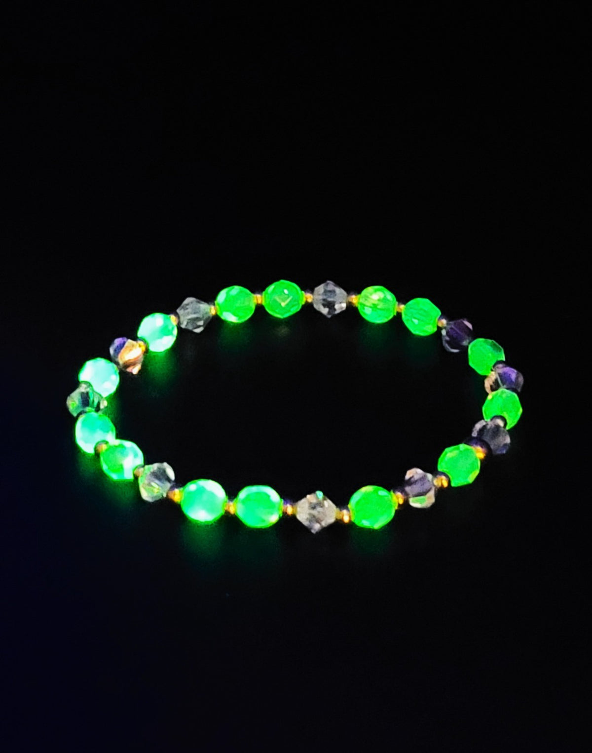 Uranium Glow Czech Glass AB Beads and Crystals Bracelet 8" Stretch with Spacers