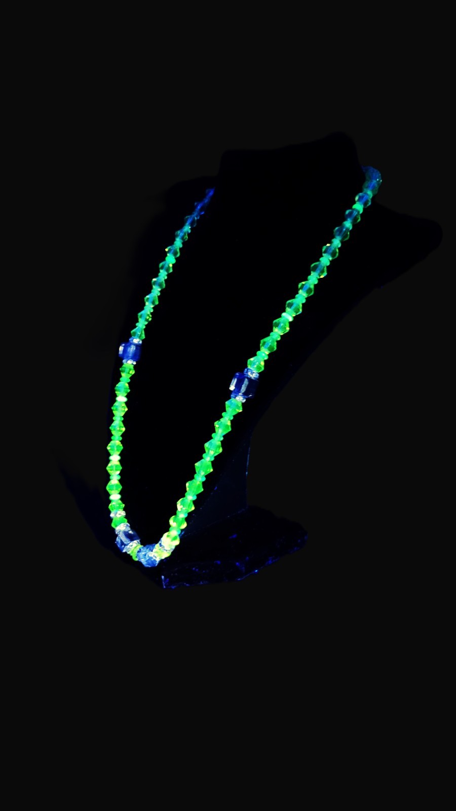 UV Glow Uranium Czech Yellow Crystals Bicone Glass Beads 22" Necklace with Accents