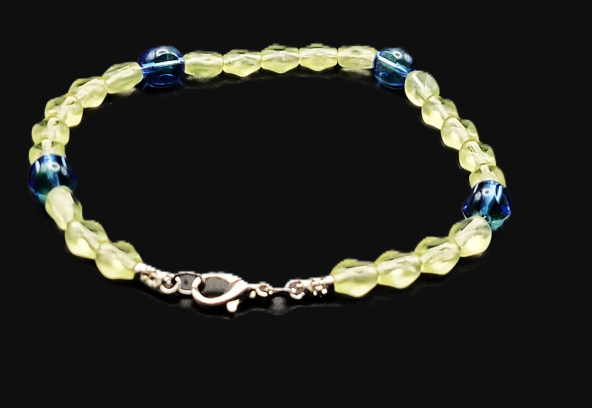 Uranium Beads Czech UV Green and Blue Glass Bead 8" Bracelet on Snake Chain