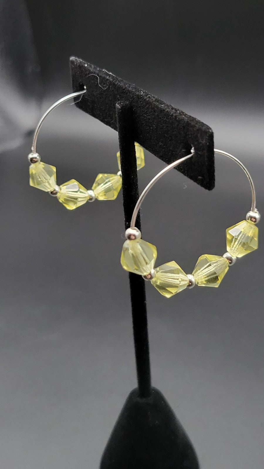 Uranium Yellow Czech Bi cone Glass Bead Silver Tone Wired Pierced Earrings 1.25"
