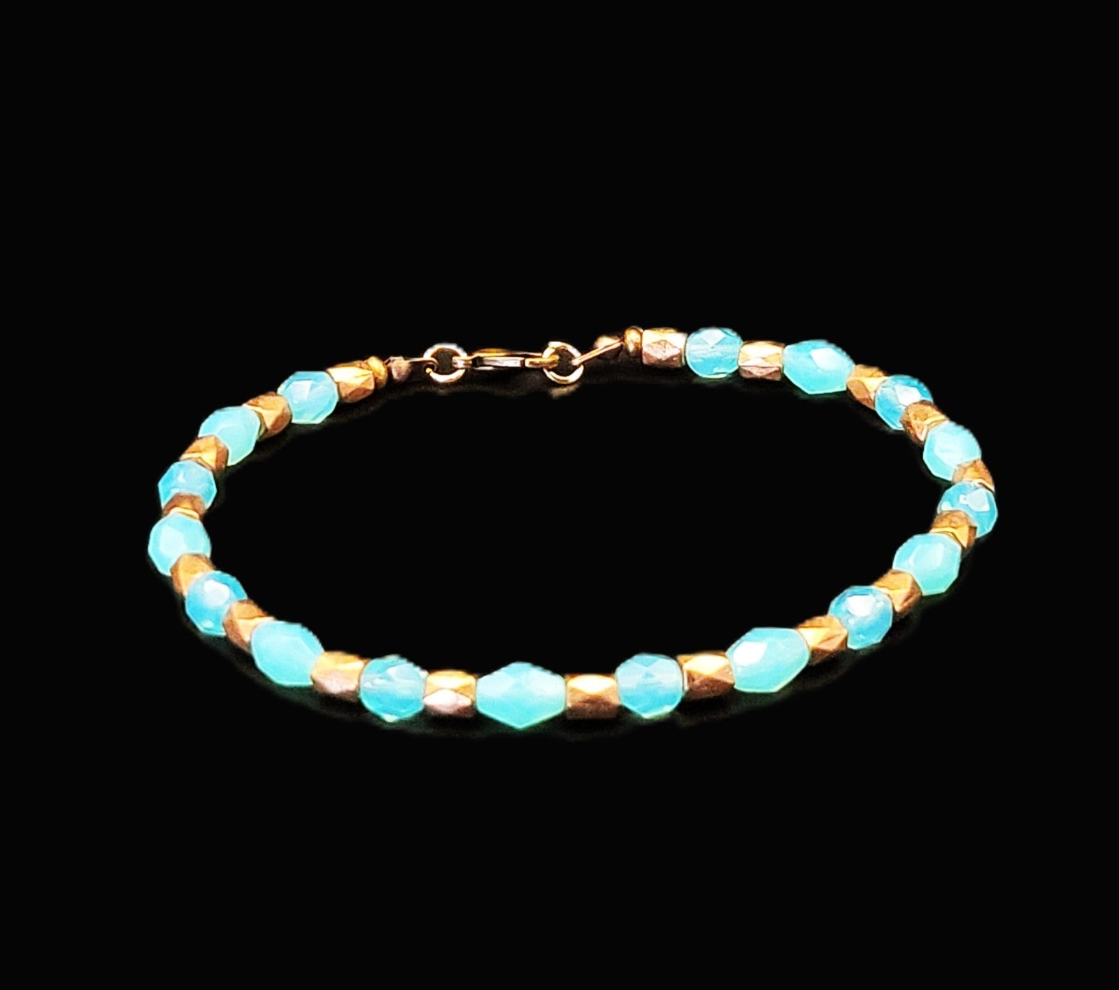 UV Glow Uranium Aqua Glass Beads and Copper Spacers 9"Stretch Bracelet