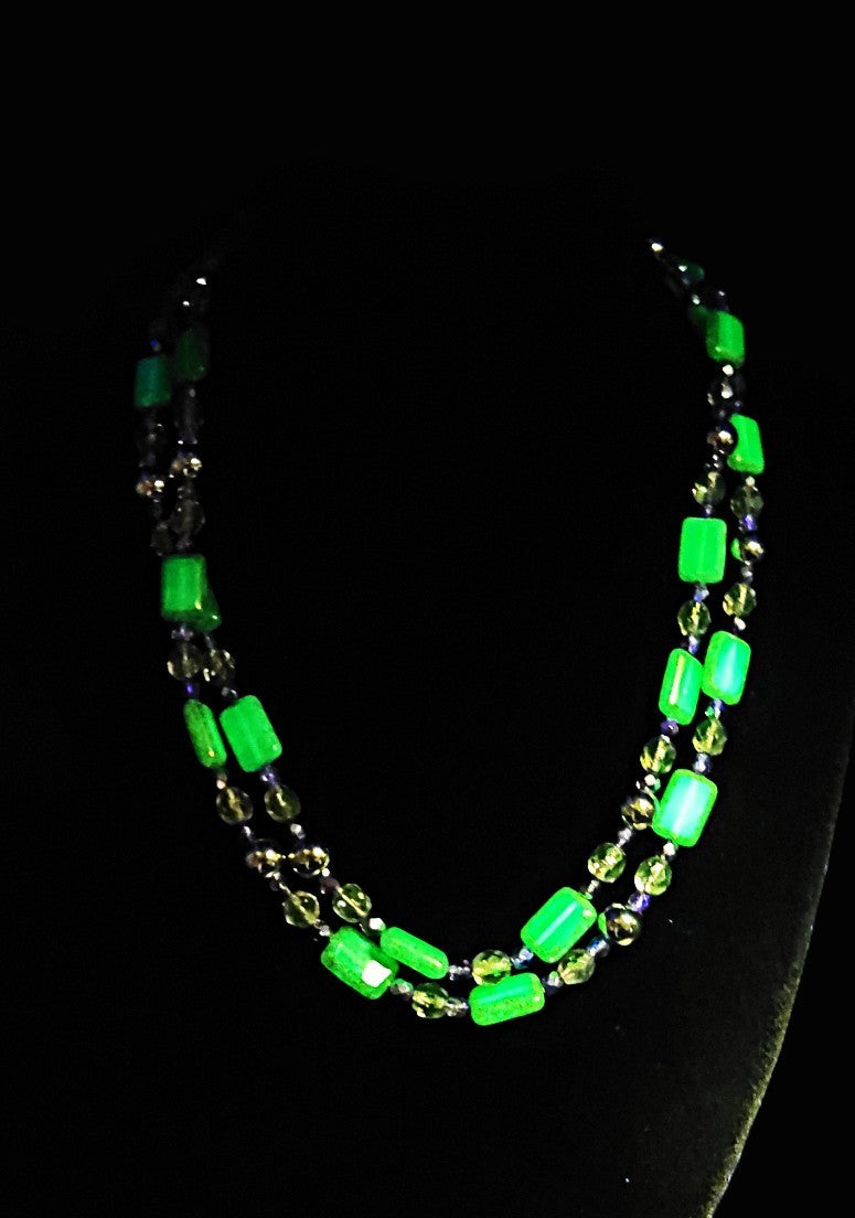 UV Glow Uranium Czech Blue Glass Beads with Amethyst and Pink Glass Spacer 35" Necklace