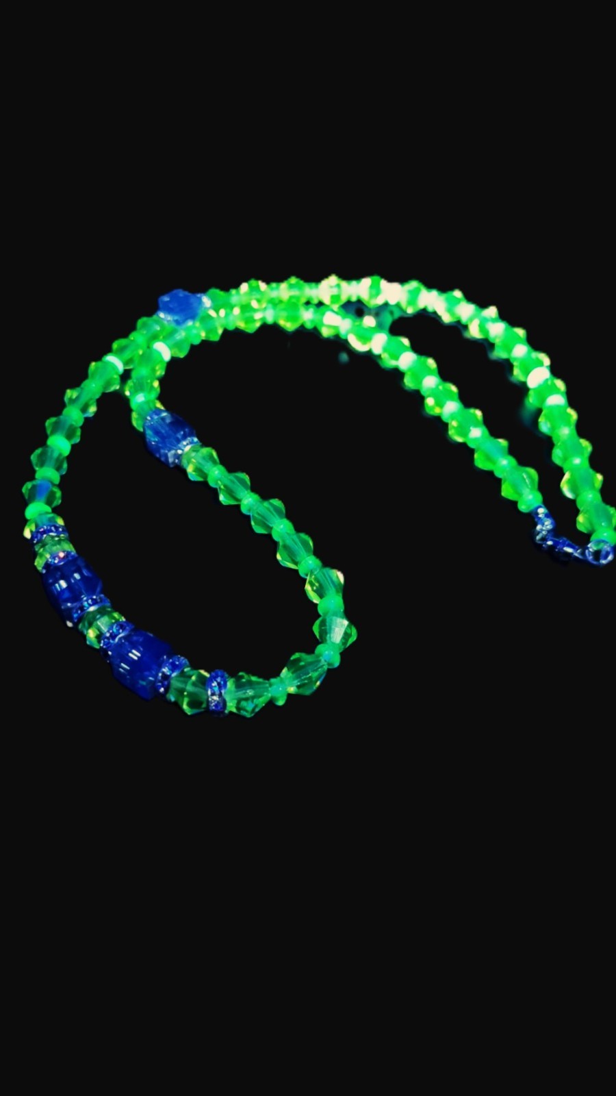 UV Glow Uranium Czech Yellow Crystals Bicone Glass Beads 22" Necklace with Accents