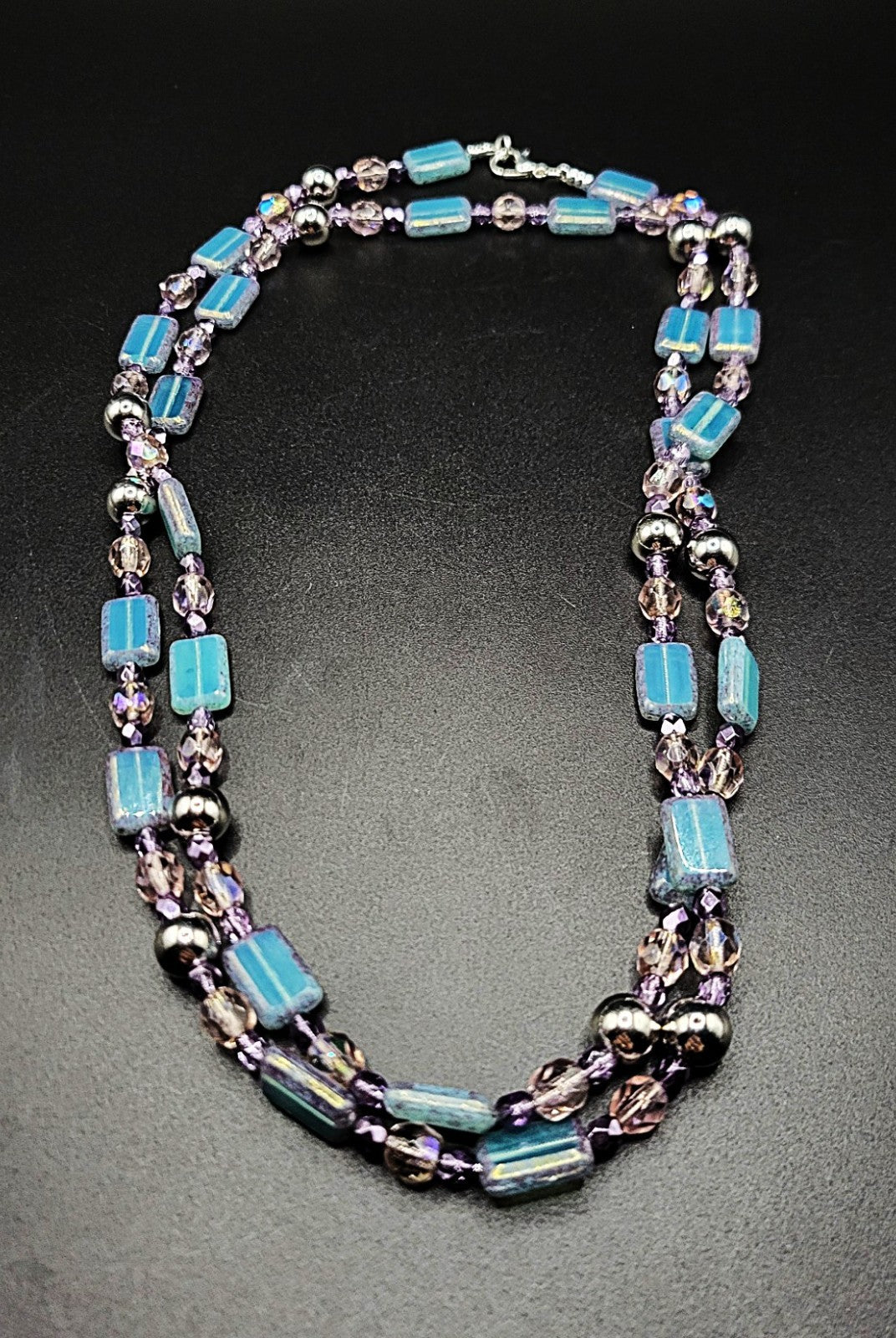UV Glow Uranium Czech Blue Glass Beads with Amethyst and Pink Glass Spacer 35" Necklace