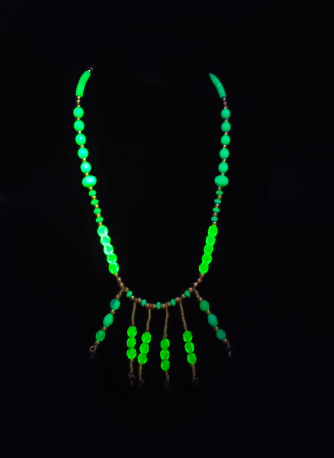 Uranium Turquoise and Green Colored Glass Beads, Hand Wired Dangles 16" Necklace