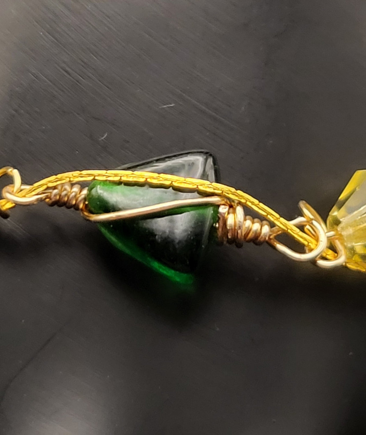 Uranium Czech UV Glow Yellow Glass and Antigue Emerald Green Glass 7.5" Bracelet