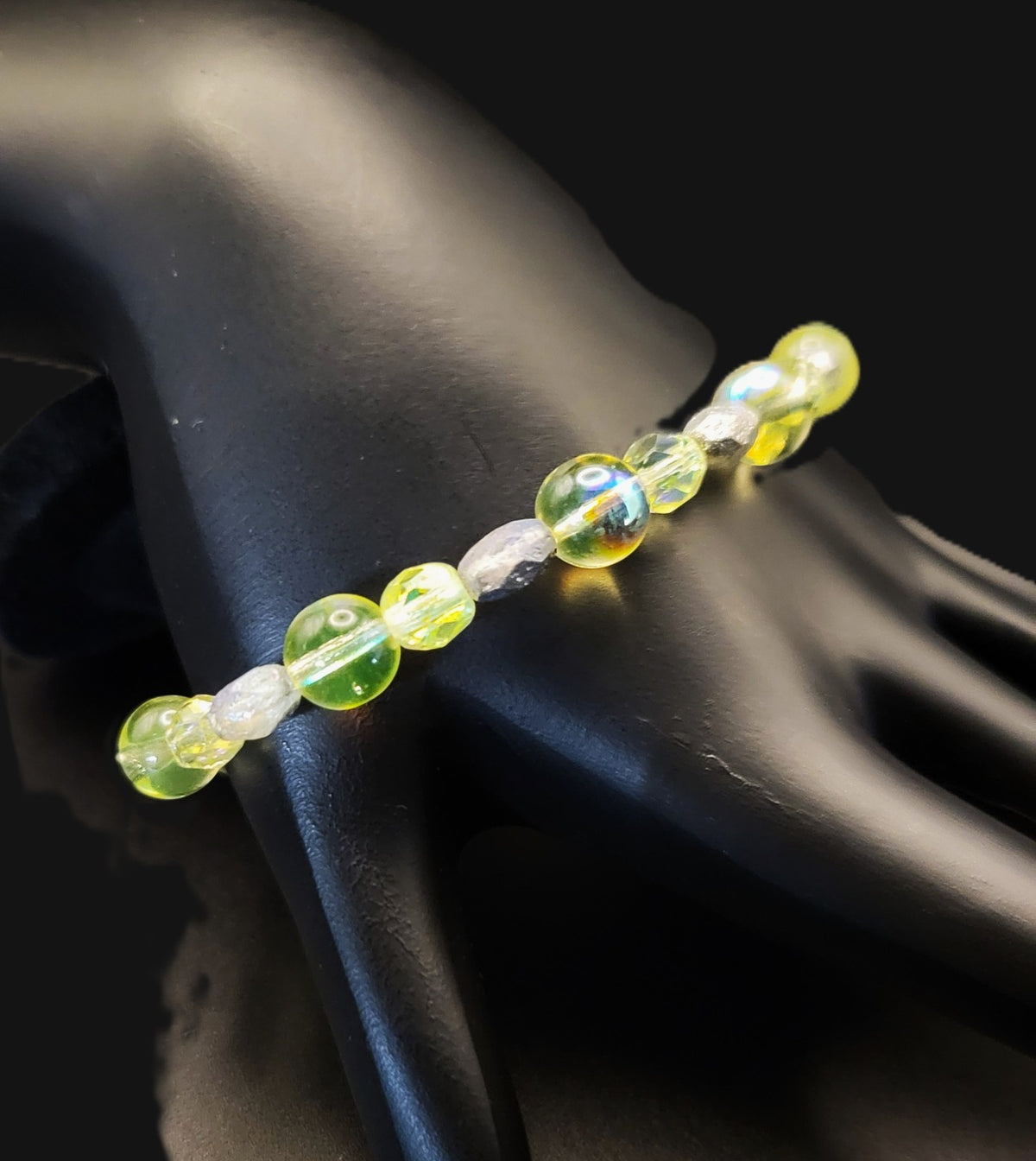 UV Glow Uranium AB Glass Green Beads and Faceted Czech 7" Bracelet with Clasp