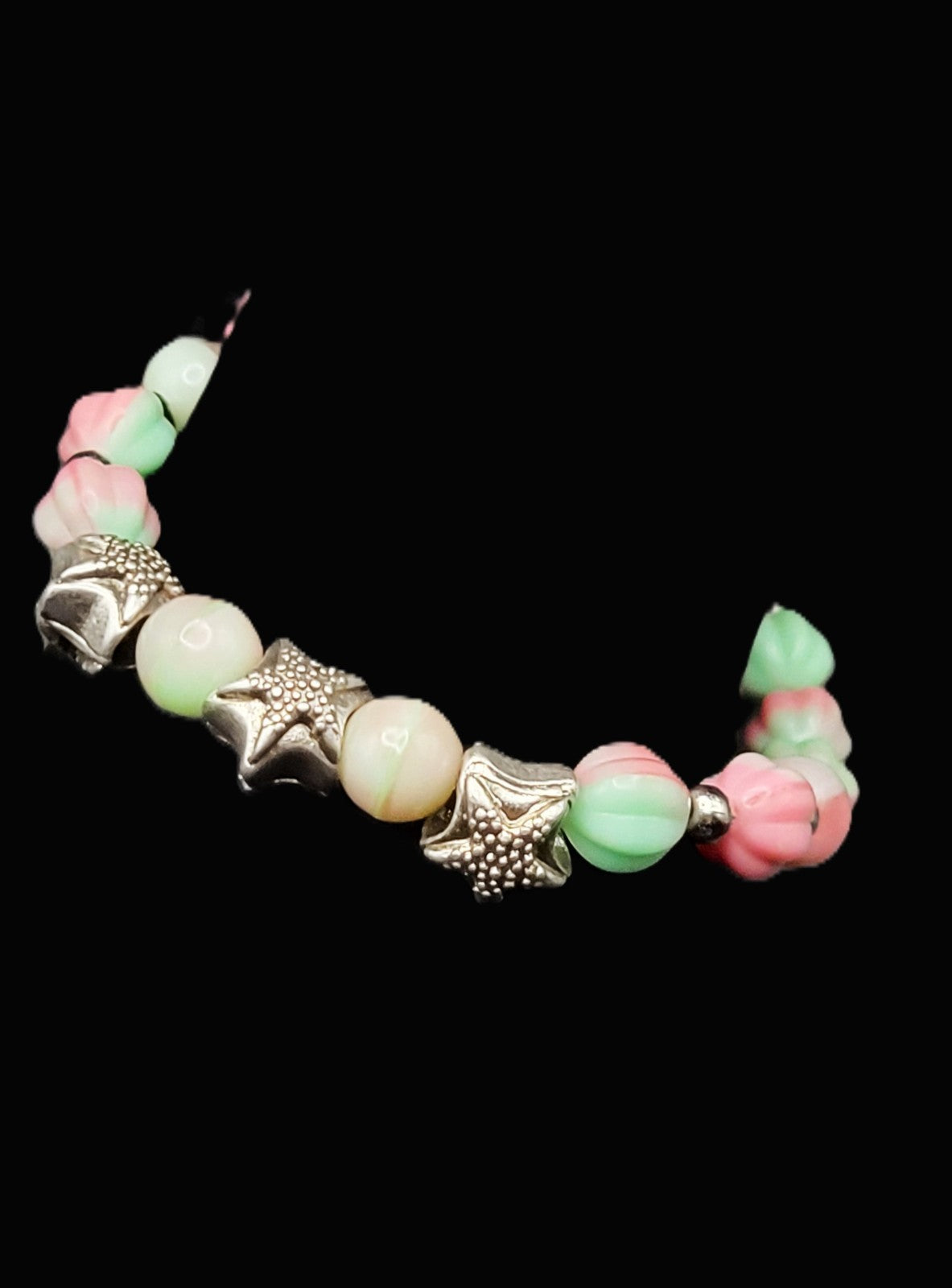 UV Glow Uranium Pink and Green Melon Glass Beads with Starfish Spacers 8" Bracelet