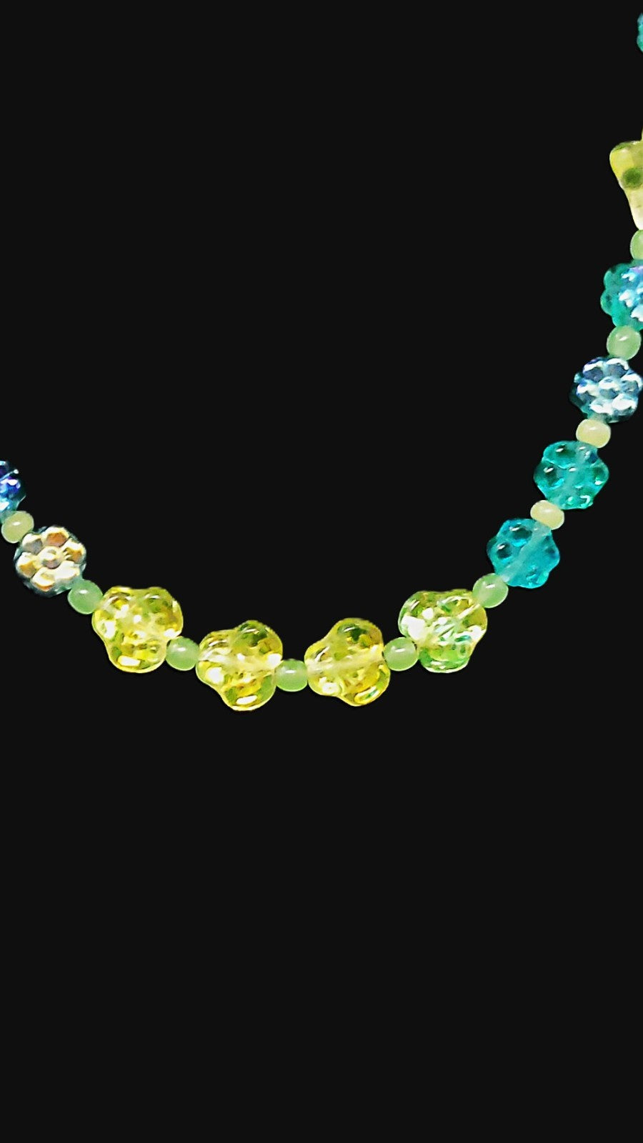 UV Glow Uranium Czech Blue and Yellow Flowers, Glass Bead 17" Necklace with Bead Spacers