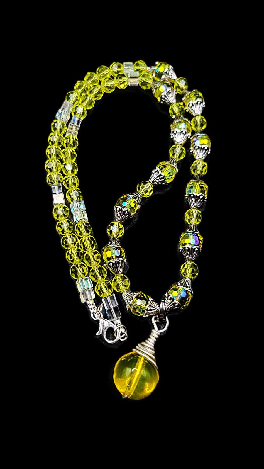 UV Glow Cadmium Glass Beads 18" Necklace Strung on Silver Tone Snake Chain