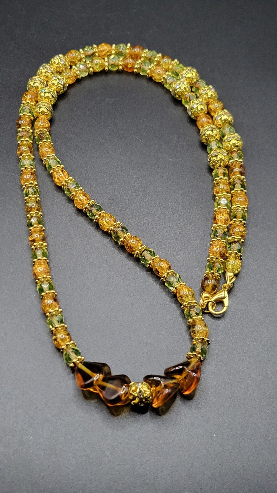 UV Glow Uranium Czech Glass Orange Crackle, Amber Colored and Green Beads 24" Fall Necklace with Spacers