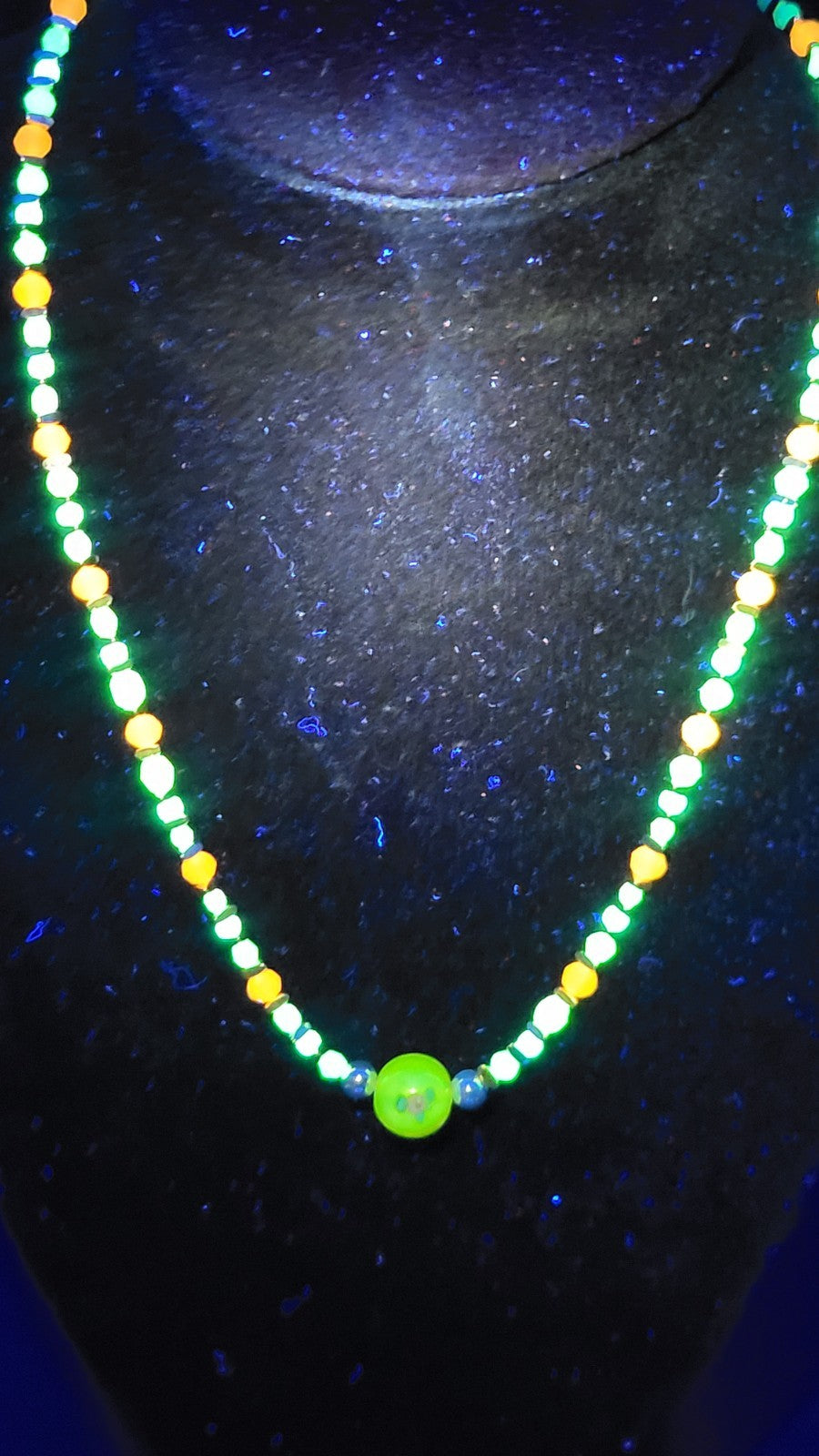 Uranium White and Green Glass Beads, UV Reactive Myuki Bead 16" Necklace