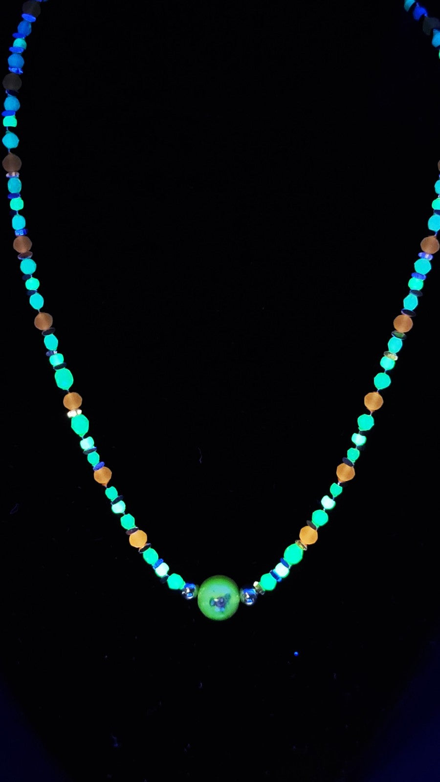 Uranium White and Green Glass Beads, UV Reactive Myuki Bead 16" Necklace