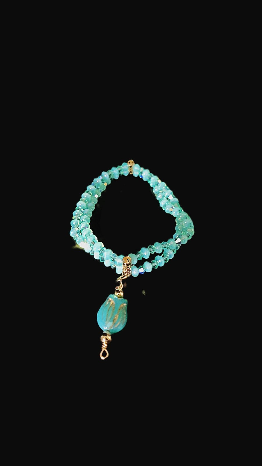 UV Uranium Czech Double Strand Aqua Glass Beads and Crystals, Bracelet 8" with Center Dangle