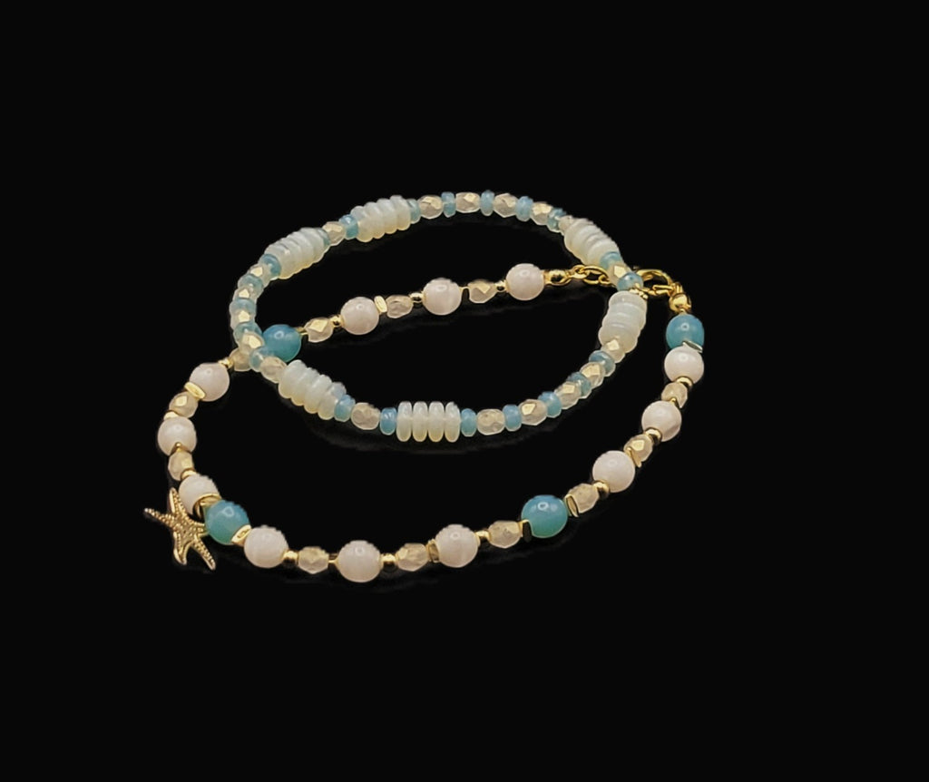URANIUM! UV Glow Two Bracelet Set Stretch Blue and White UV glass beads 7 & 8"