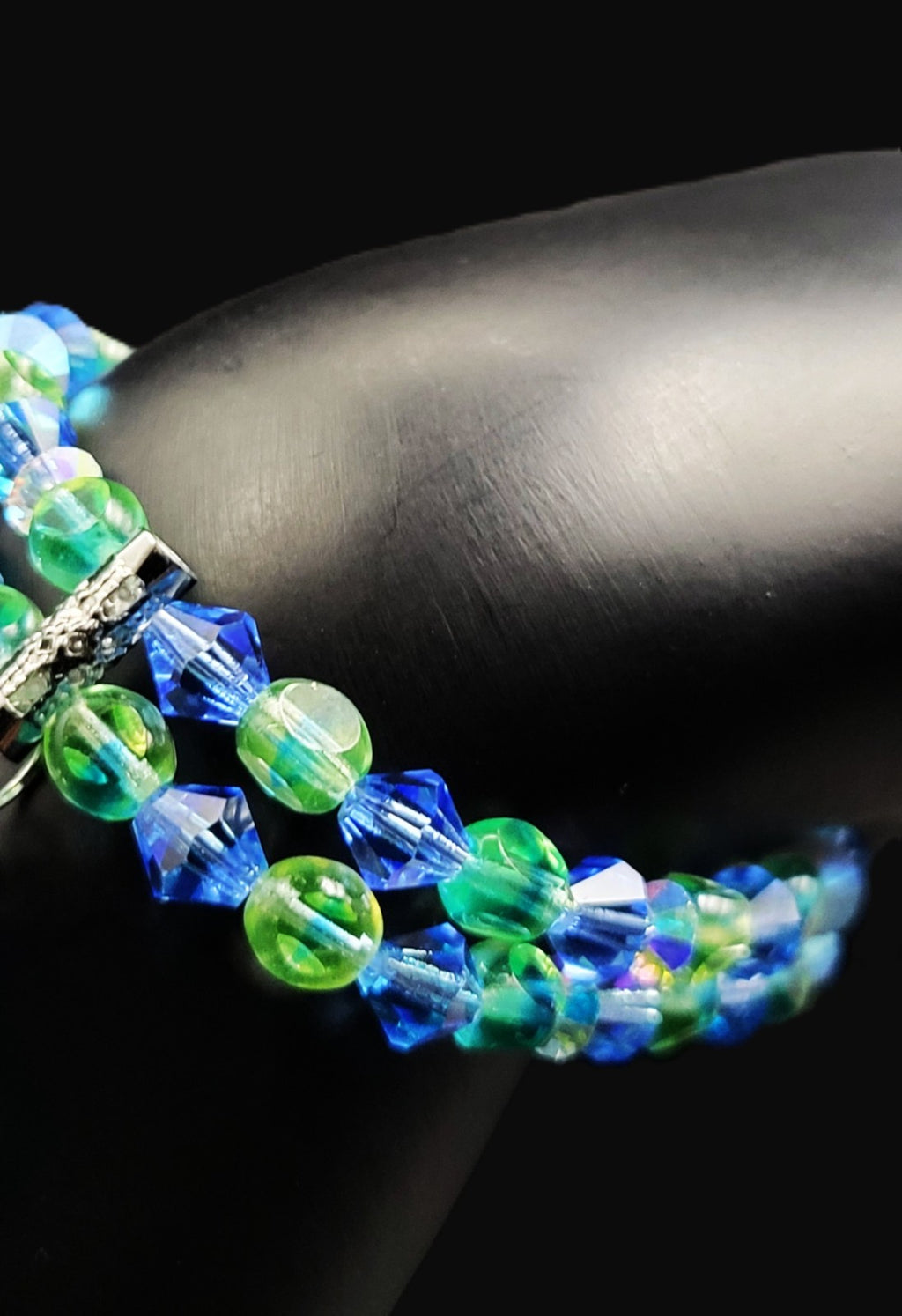 UV Uranium Czech Glass Bead Double Strand 7" Stretch Bracelet With a Center Dangle