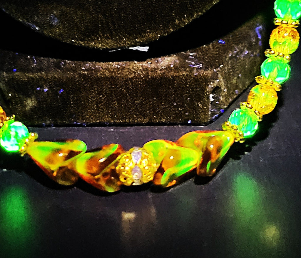UV Glow Uranium Czech Glass Orange Crackle, Amber Colored and Green Beads 24" Fall Necklace with Spacers