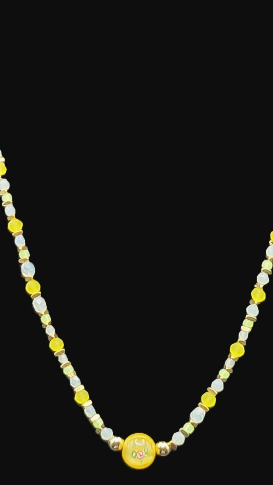 Uranium White and Green Glass Beads, UV Reactive Myuki Bead 16" Necklace