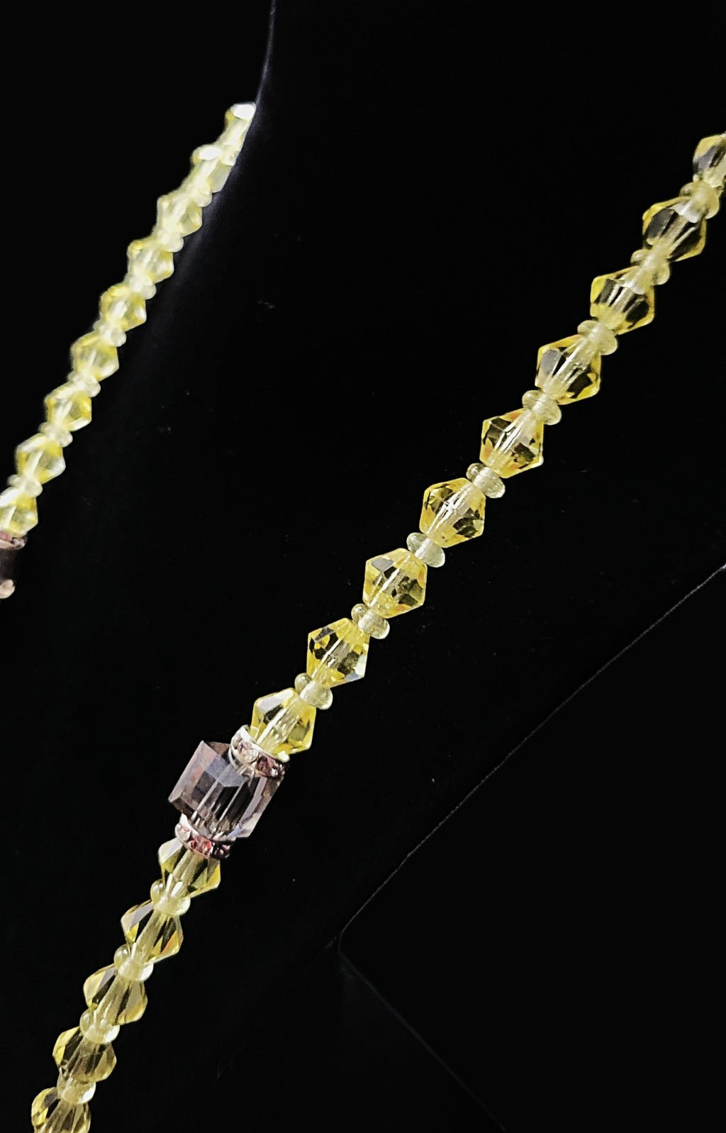 UV Glow Uranium Czech Yellow Crystals Bicone Glass Beads 22" Necklace with Accents