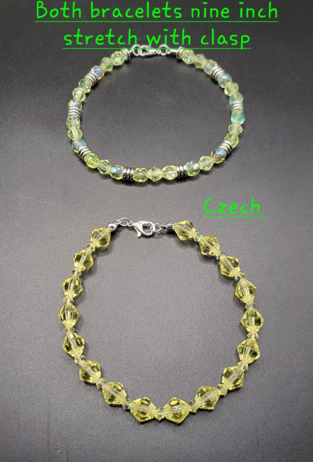 UV Glow Uranium Czech Glass Bead Bracelet Bundle, Coil Bangle, Stretch and Chained From 6.5 - 9"