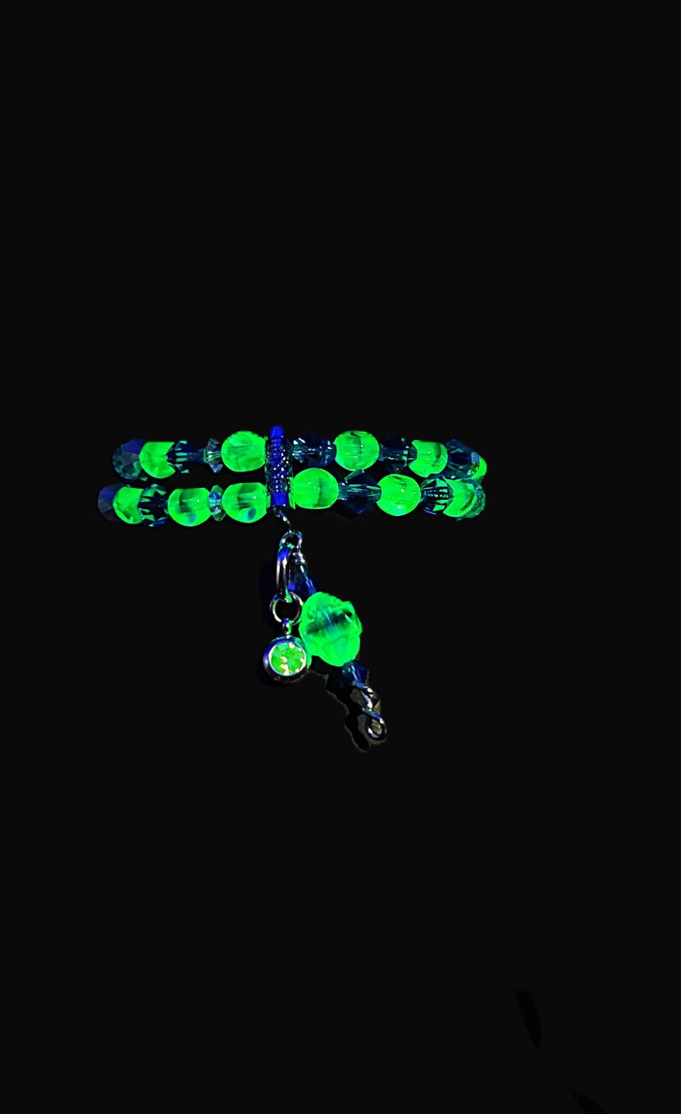 UV Uranium Czech Glass Bead Double Strand 7" Stretch Bracelet With a Center Dangle