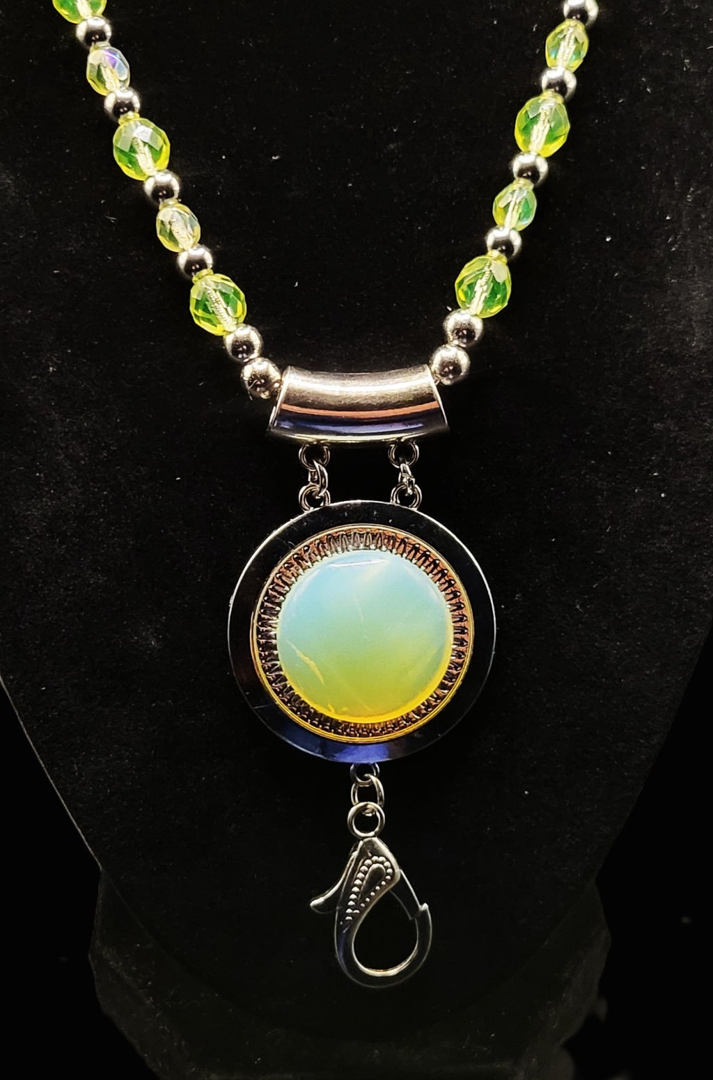 UV Glow Uranium Czech Glass Faceted Beads 26" Necklace/ 3" Opal Uranium Pendant and Lanyard